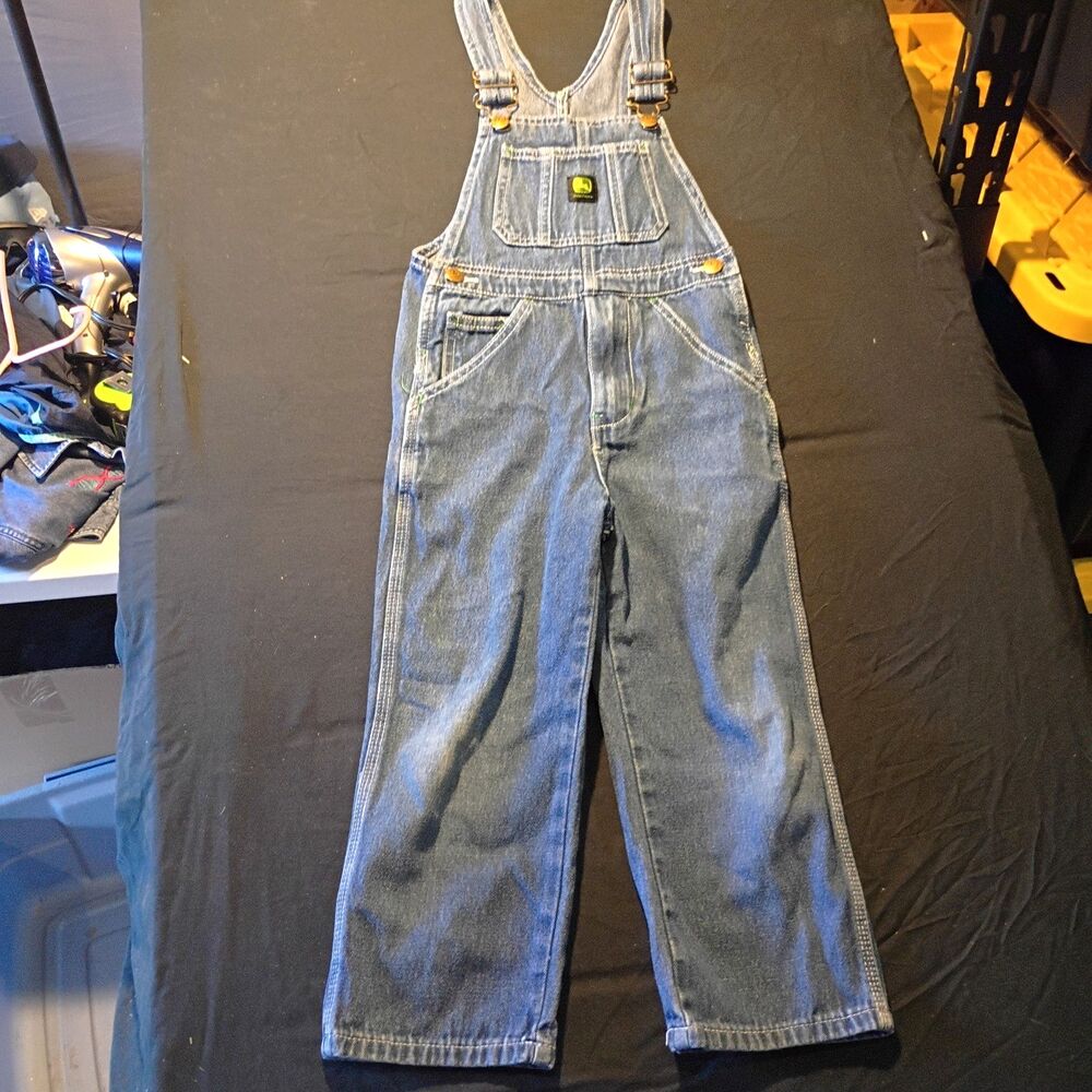John Deere Boys Denim Bib Overalls Blue Cotton Logo Pockets Buckle One Size